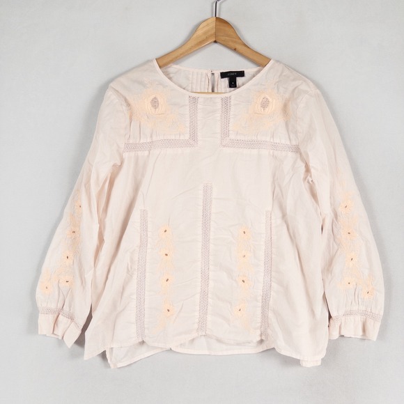 J.Crew Tops - J Crew Top Blouse Womens 12 Light Pink Floral Embroidered Boho Cottage Feminine